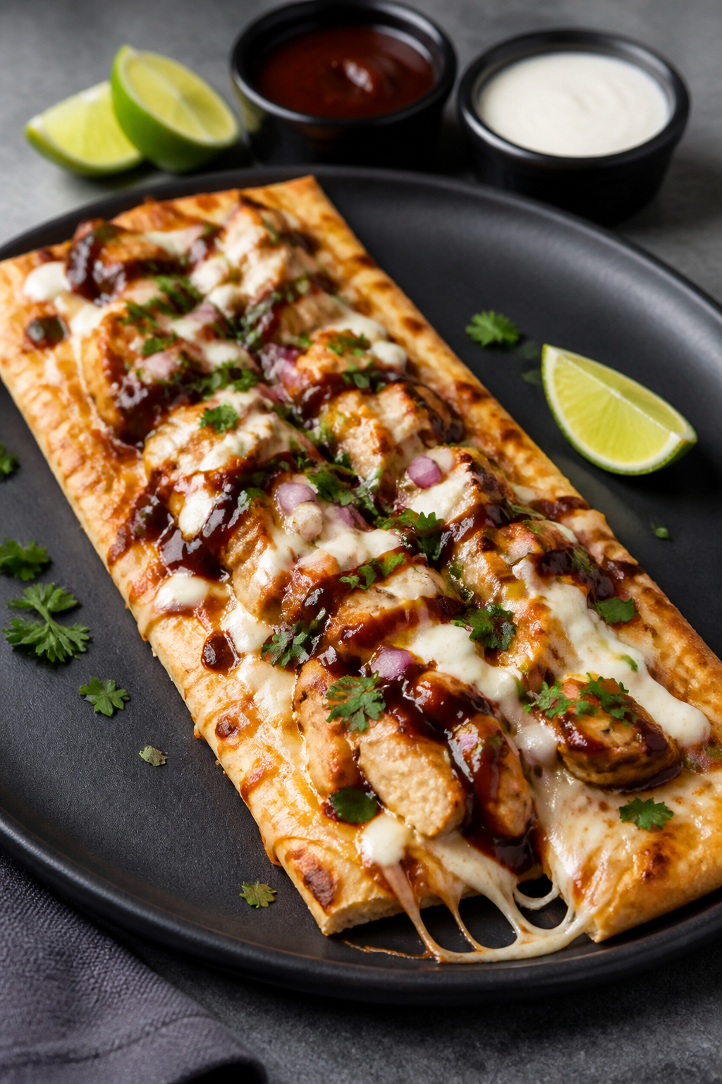 Final plated beauty shot: One long rectangular slice of BBQ Chicken Ranch flatbread on a matte charc