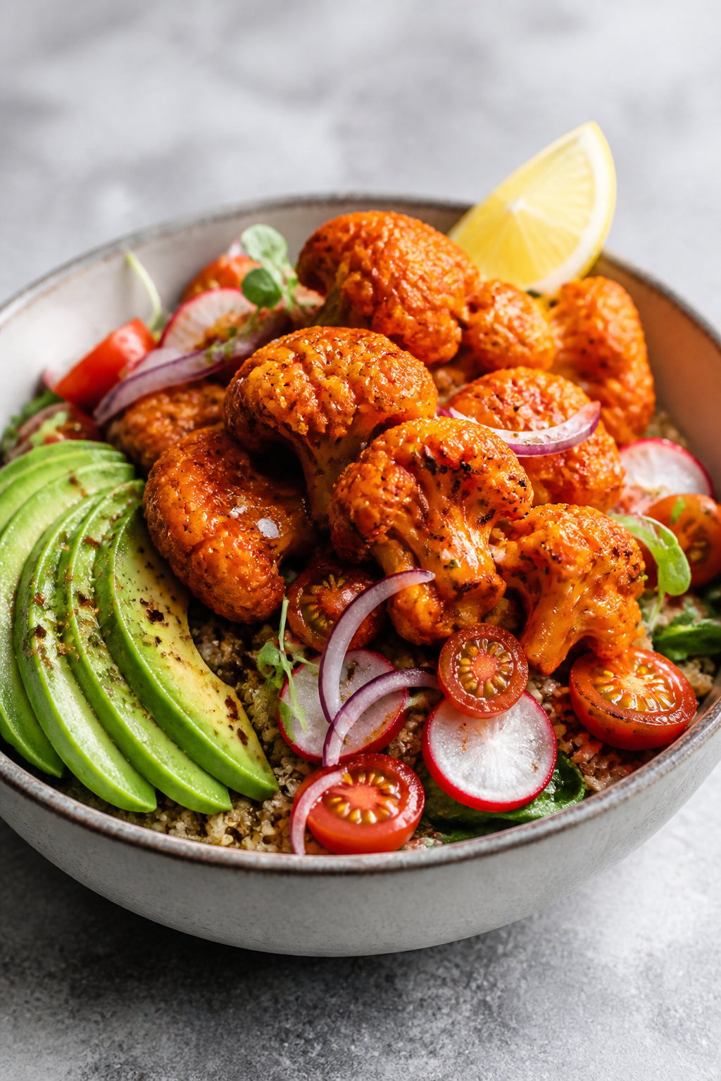 Final plated beauty: Three-quarter angle hero shot of a single buffalo cauliflower dinner bowl showc
