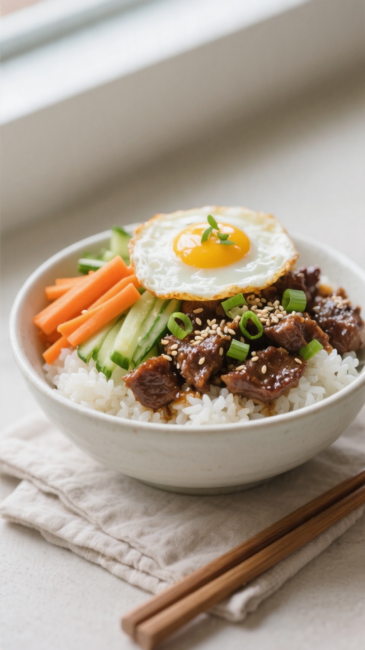 Final plated bowl beauty shot: Korean Beef Rice Bowl artfully assembled in a matte white ceramic bow