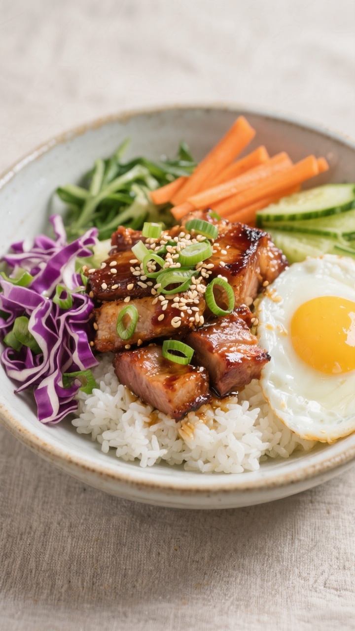 Final plated bowl beauty shot: Restaurant-style Korean BBQ Pork Bowl artfully composed in a wide, sh