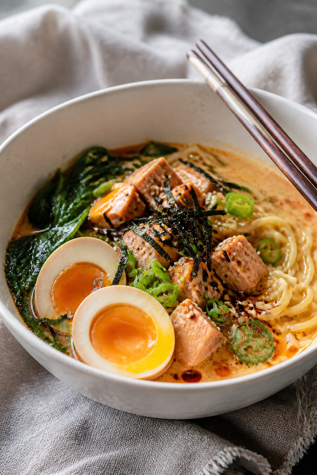 Final plated bowl beauty shot: Spicy Tuna Mayo Ramen Bowl presented in a wide, off-white ceramic bow