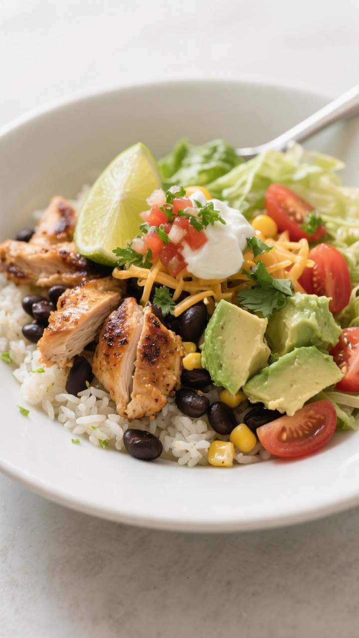 Final plated bowl, close-up detail: Beautifully composed chicken burrito bowl in a wide, matte-white