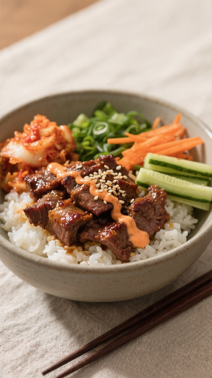 Final plated bowl, eye-level hero shot: Korean BBQ beef bowl layered over steaming short-grain white