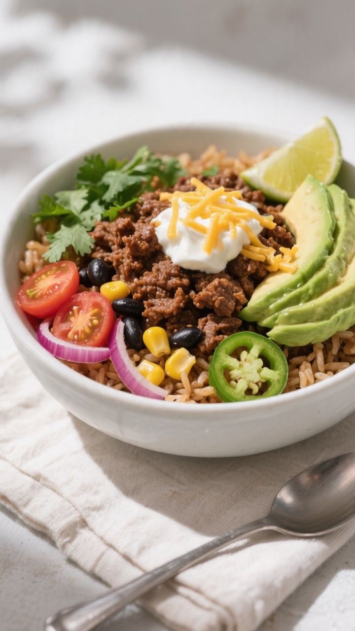 Final plated bowl, restaurant-quality: Healthy Air Fryer Ground Beef Taco Bowl beautifully composed
