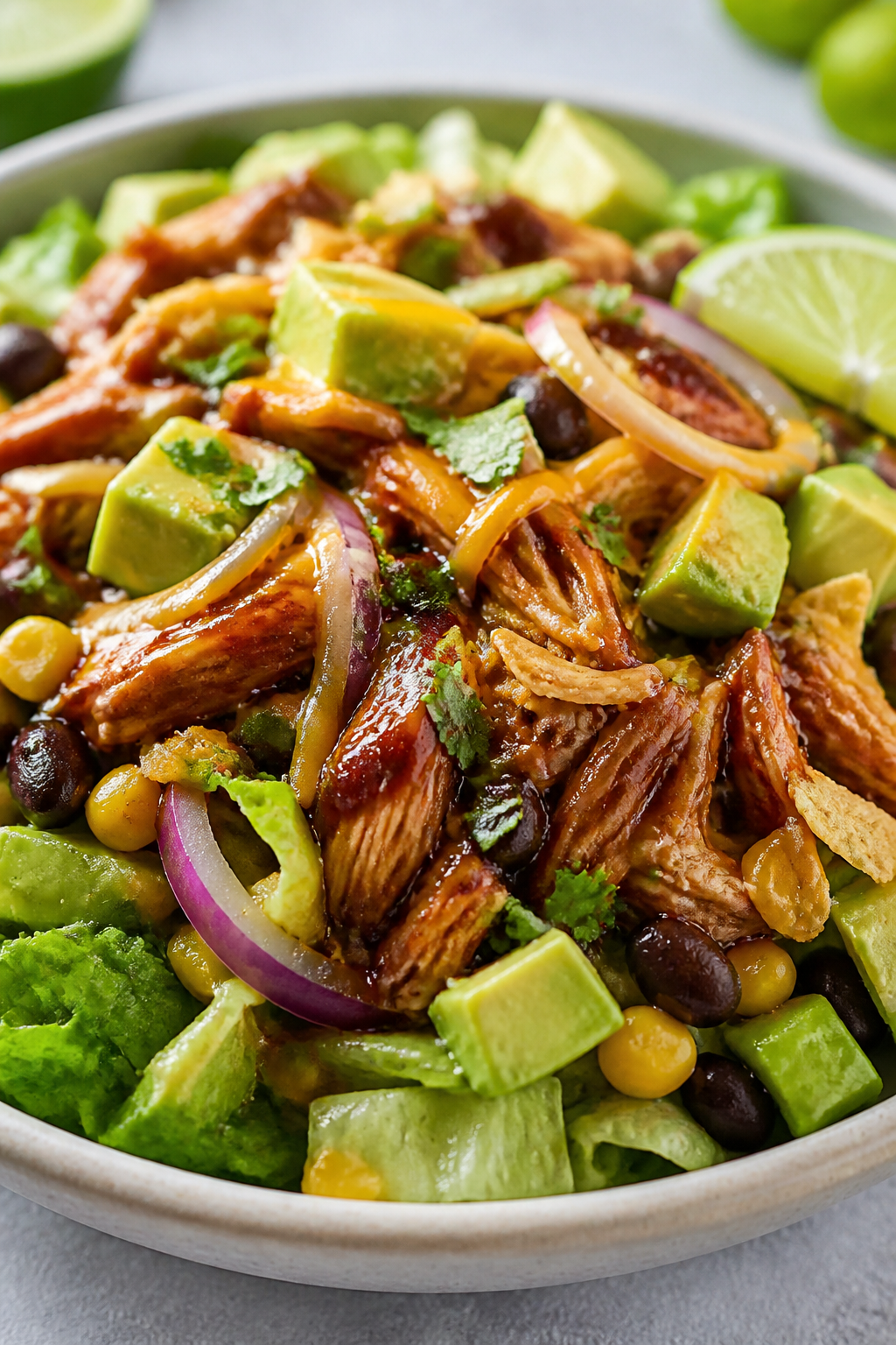 Final plated detail: Close-up of a low-carb version over chopped romaine—juicy shredded BBQ chicke