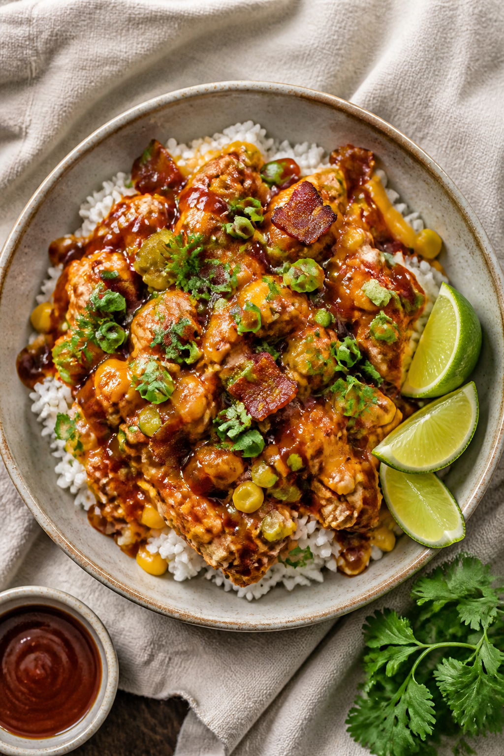 Final plated dish: Beautifully assembled BBQ Chicken & Bacon Rice Bowl—fluffy jasmine rice base to