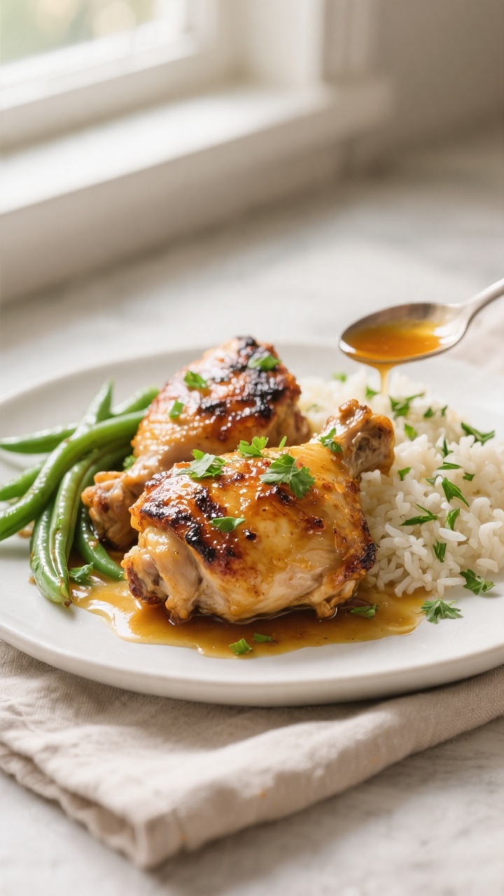Final plated dish: Beautifully plated air fryer honey mustard chicken thighs (bone-in, skin-on) on a