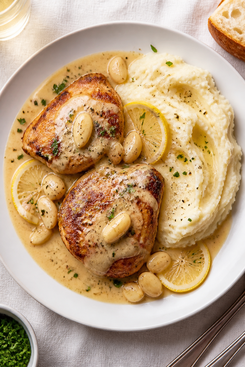 Final plated dish: Beautifully plated chicken thighs with creamy garlic sauce on a matte white rimme