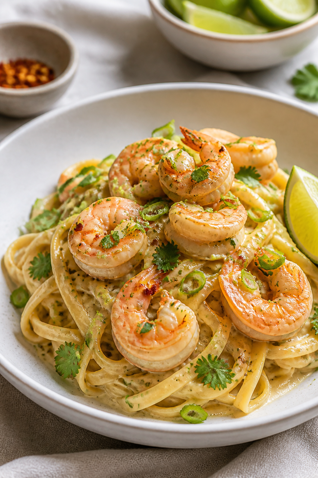 Final plated dish, : Beautifully plated Coconut Lime Shrimp Pasta twirled into a high mound in a sha