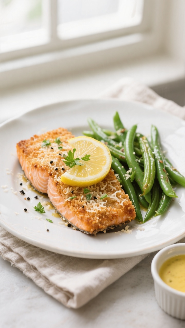 Final plated dish: Beautifully plated crispy air fryer Parmesan crusted salmon on a white ceramic pl