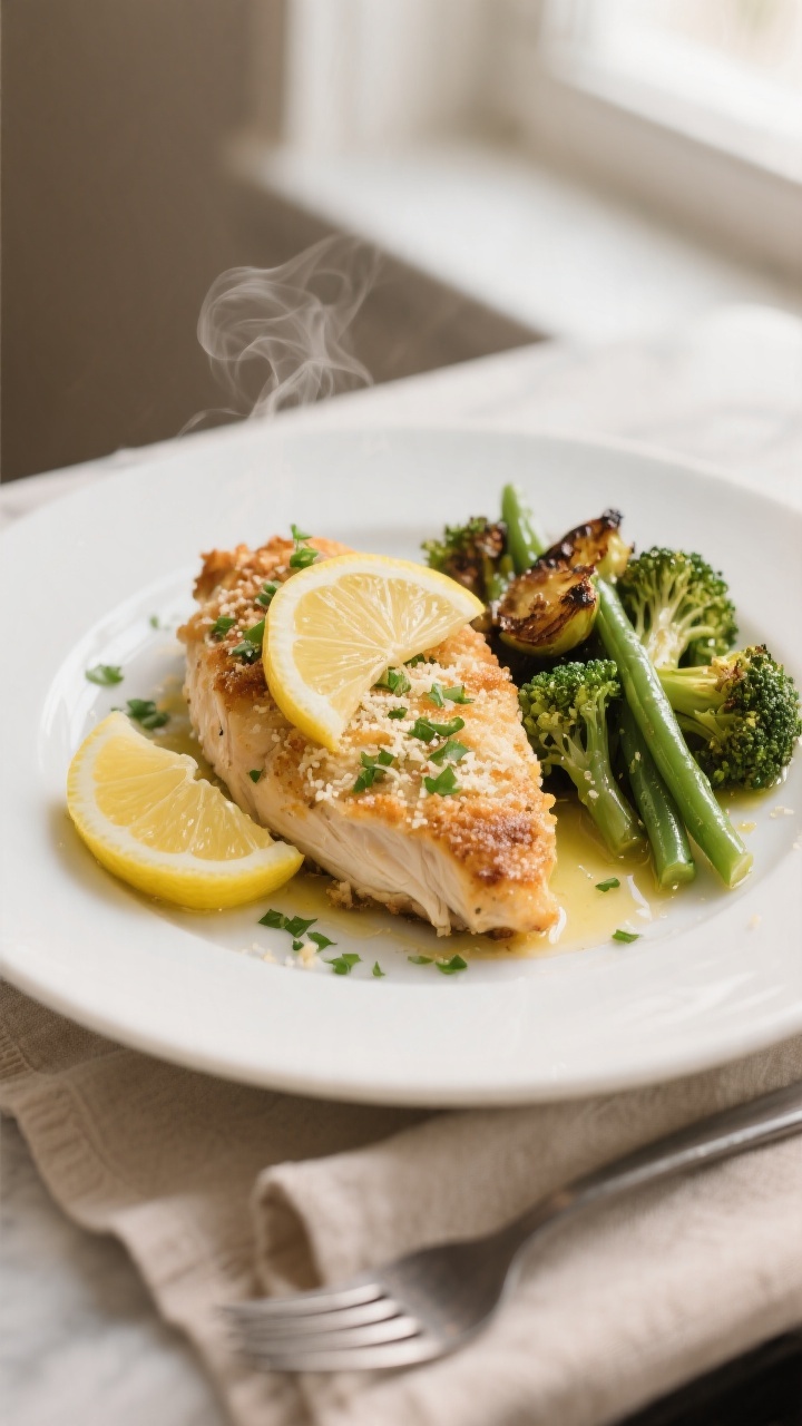 Final plated dish: Beautifully plated Healthy Baked Parmesan Chicken on a white ceramic plate with a