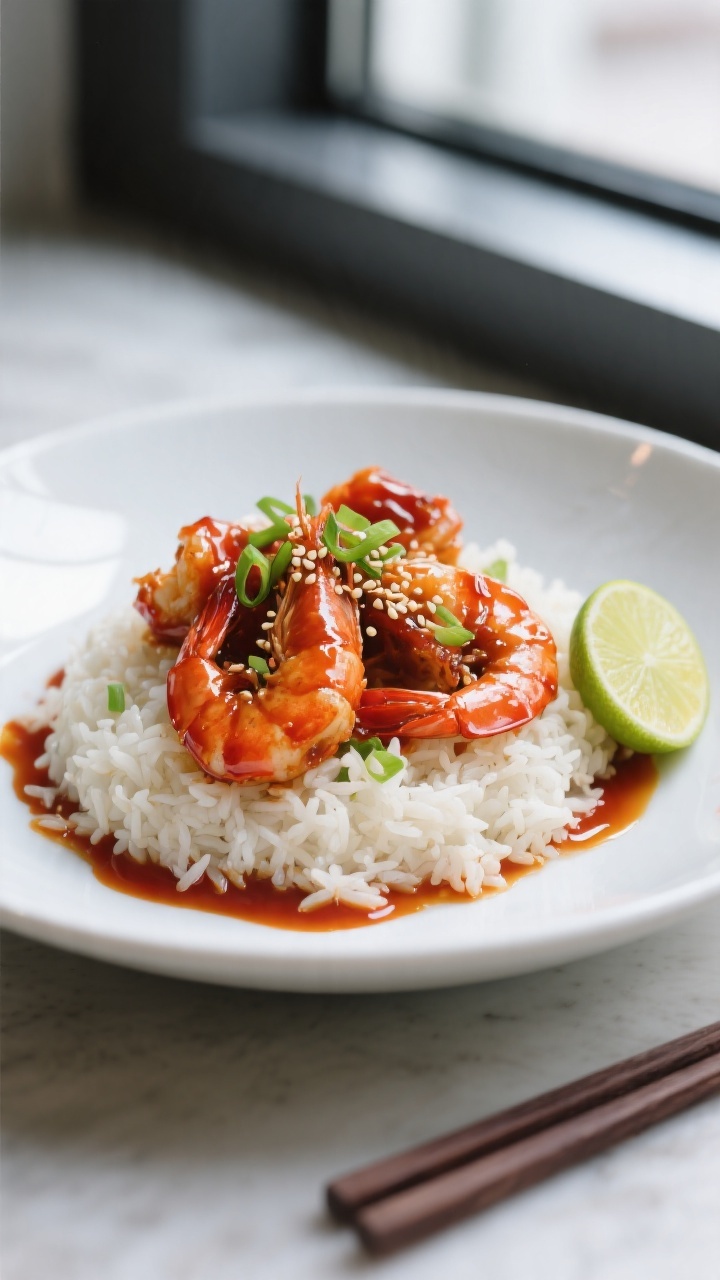 Final plated dish, : Beautifully plated Honey Sriracha Shrimp over fluffy jasmine rice in a matte wh