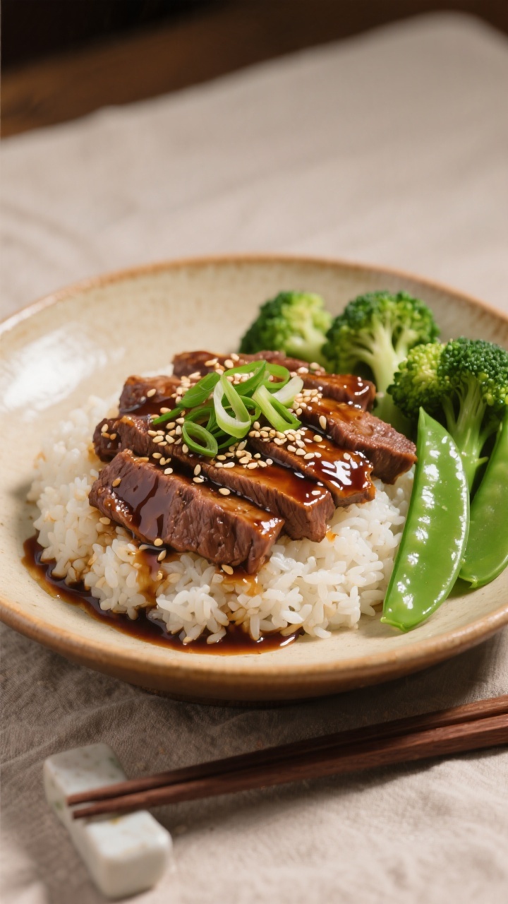 Final plated dish: Beautifully plated Japanese Teriyaki Beef over a mound of steamed short-grain ric