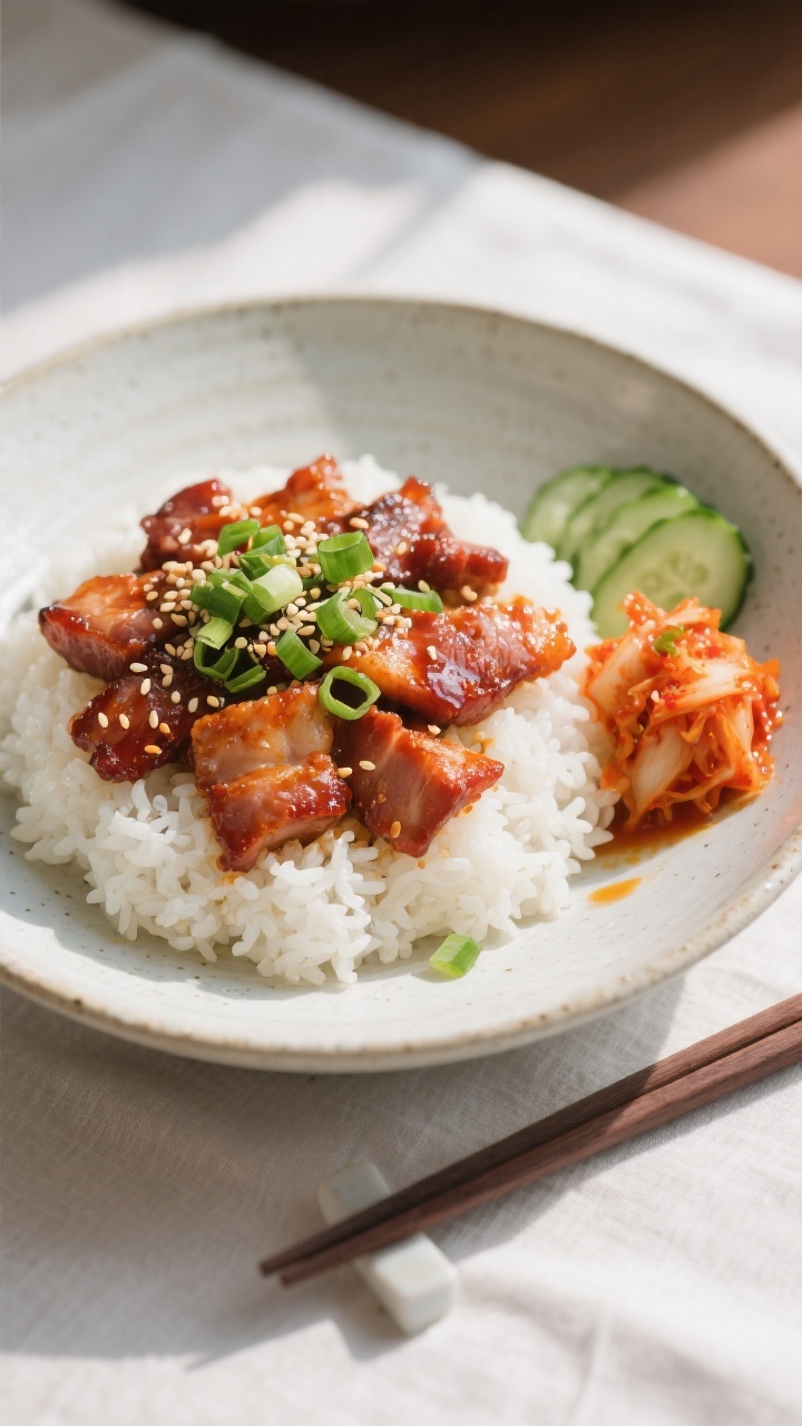 Final plated dish, : Beautifully plated Korean Spicy Pork over steamed white rice in a wide, shallow