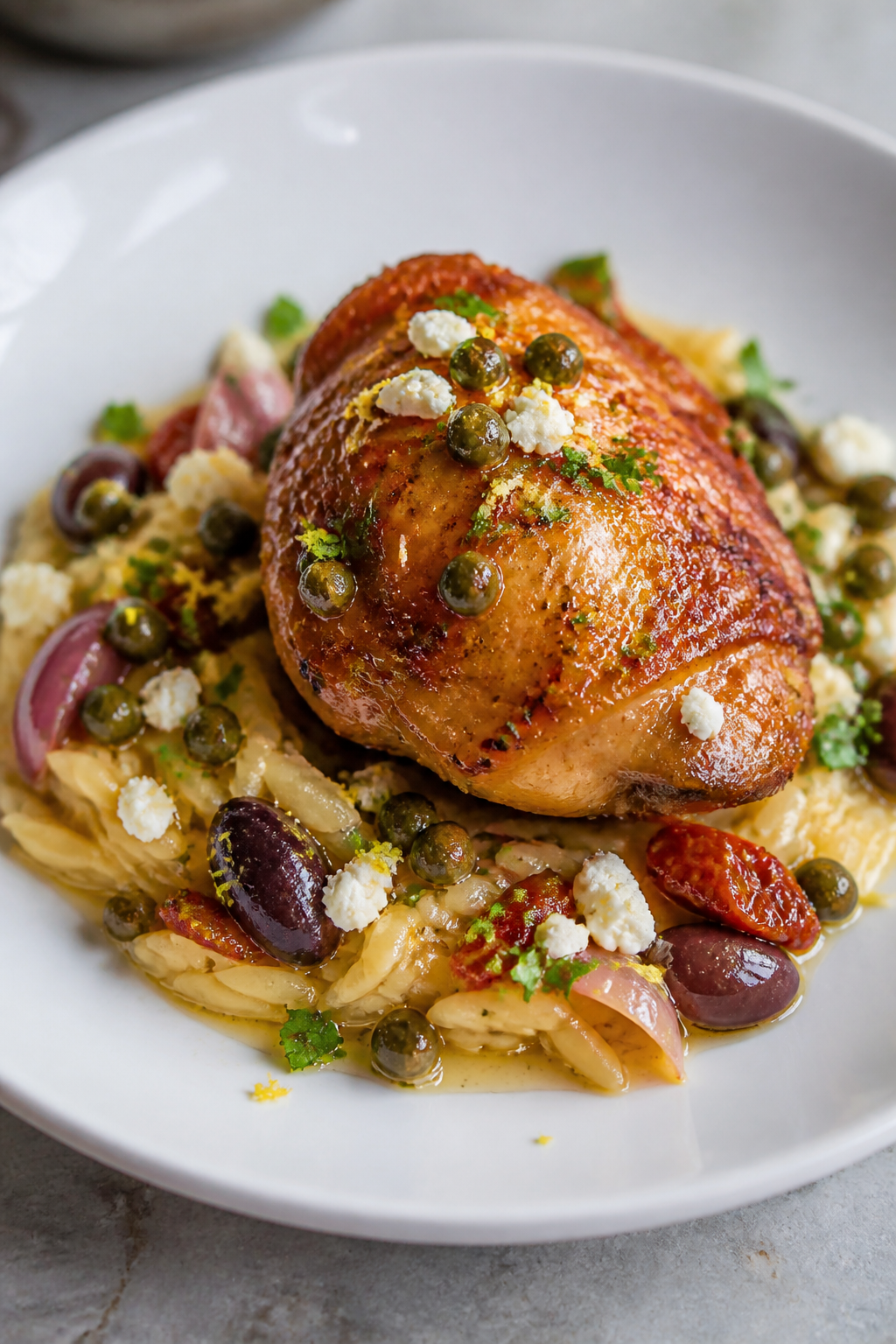 Final plated dish, : Beautifully plated Mediterranean chicken thigh on a wide white plate, skin ultr