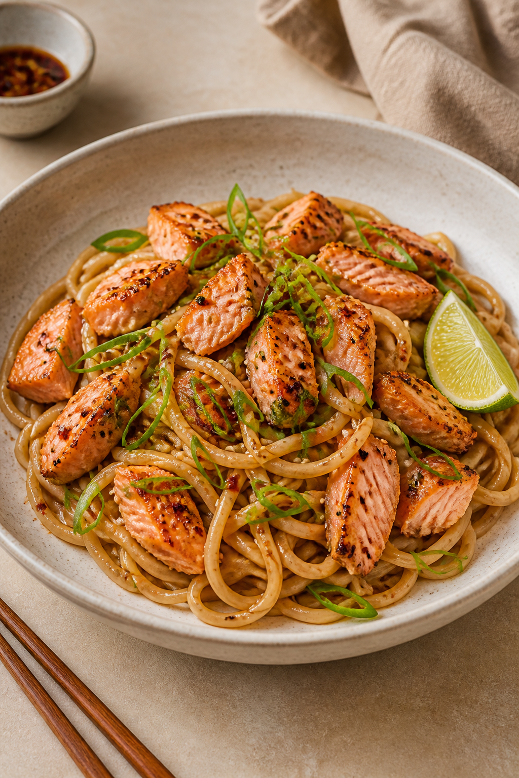 Final plated dish: Beautifully plated Miso Butter Salmon Noodles in a wide, shallow ceramic bowl; la