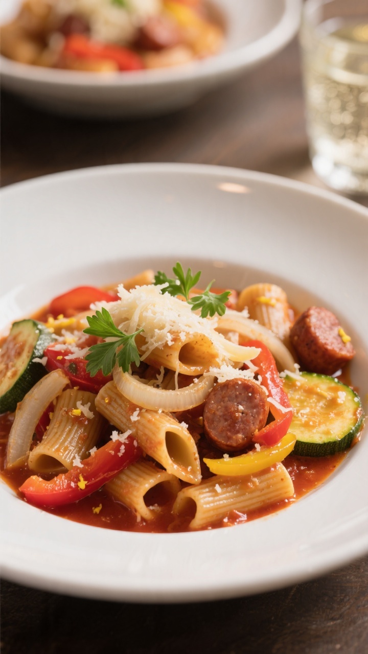 Final plated dish: Beautifully plated serving of the skillet pasta in a wide, shallow white bowl—w