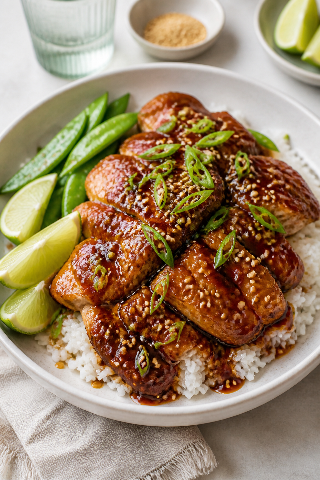 Final plated dish: Beautifully plated sticky sesame chicken thighs over fluffy steamed jasmine rice,