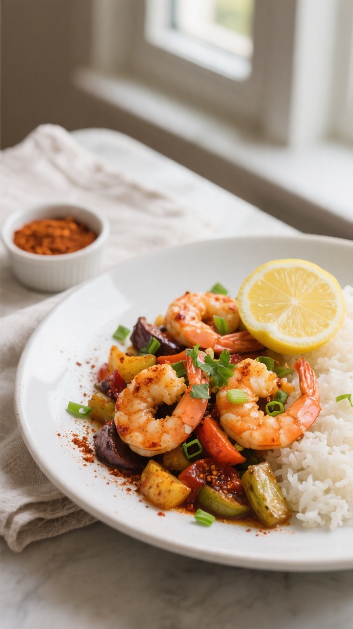 Final plated dish beauty: Air Fryer Cajun Shrimp & Veggies arranged on a matte white shallow bowl, s