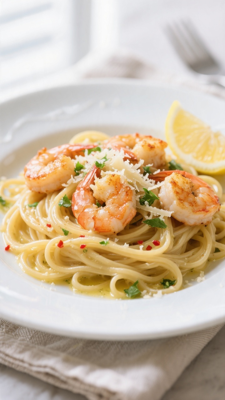 Final plated dish beauty: Air Fryer Garlic Butter Shrimp Pasta twirled into high glossy nests of lin