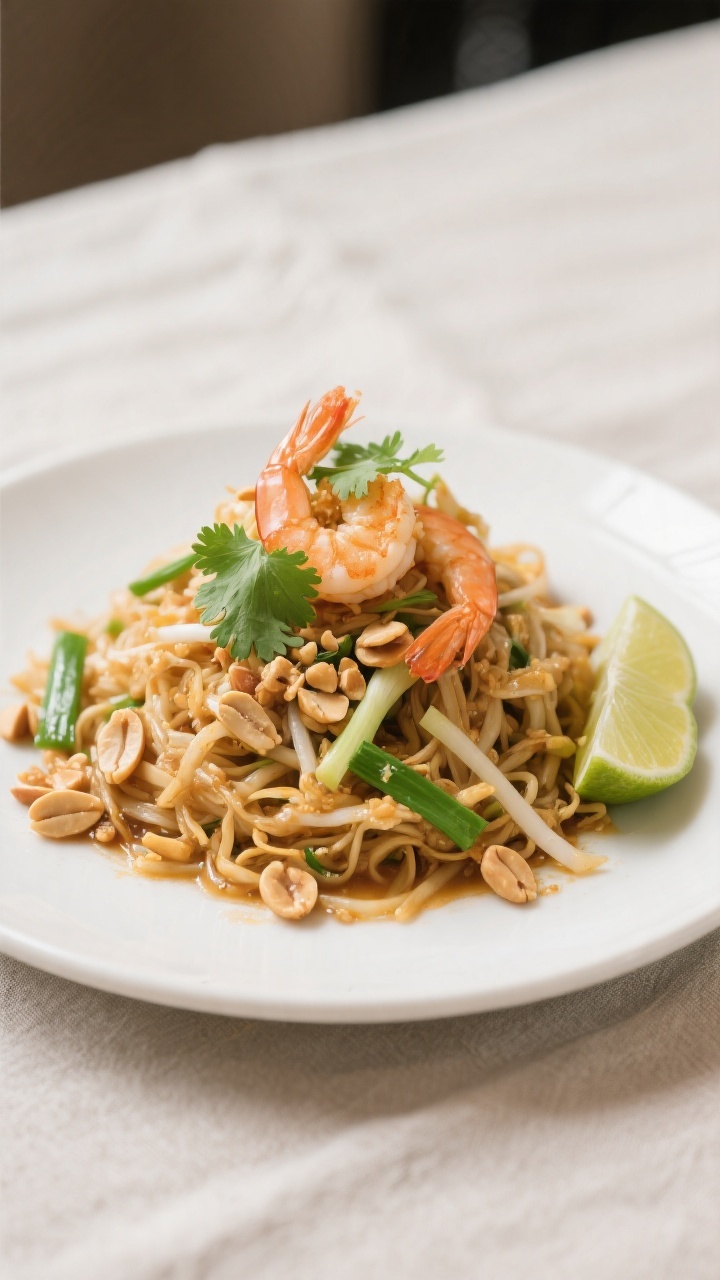 Final plated dish beauty: Beautifully plated Shrimp Pad Thai twirled into a high, casual nest on a m