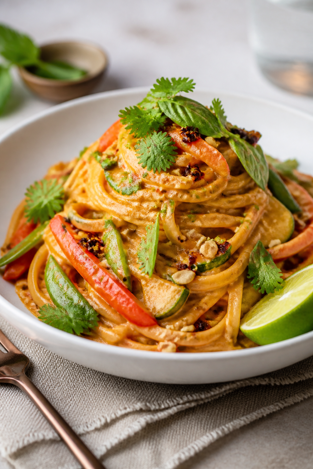 Final plated dish beauty: Creamy Thai Red Curry Pasta twirled high in a shallow white bowl, sauce ve