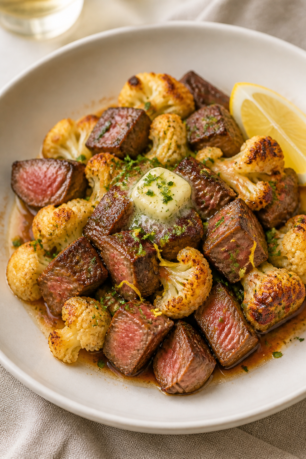 Final plated dish beauty: Garlic Butter Steak and Cauliflower Skillet plated in a wide, warm-white s