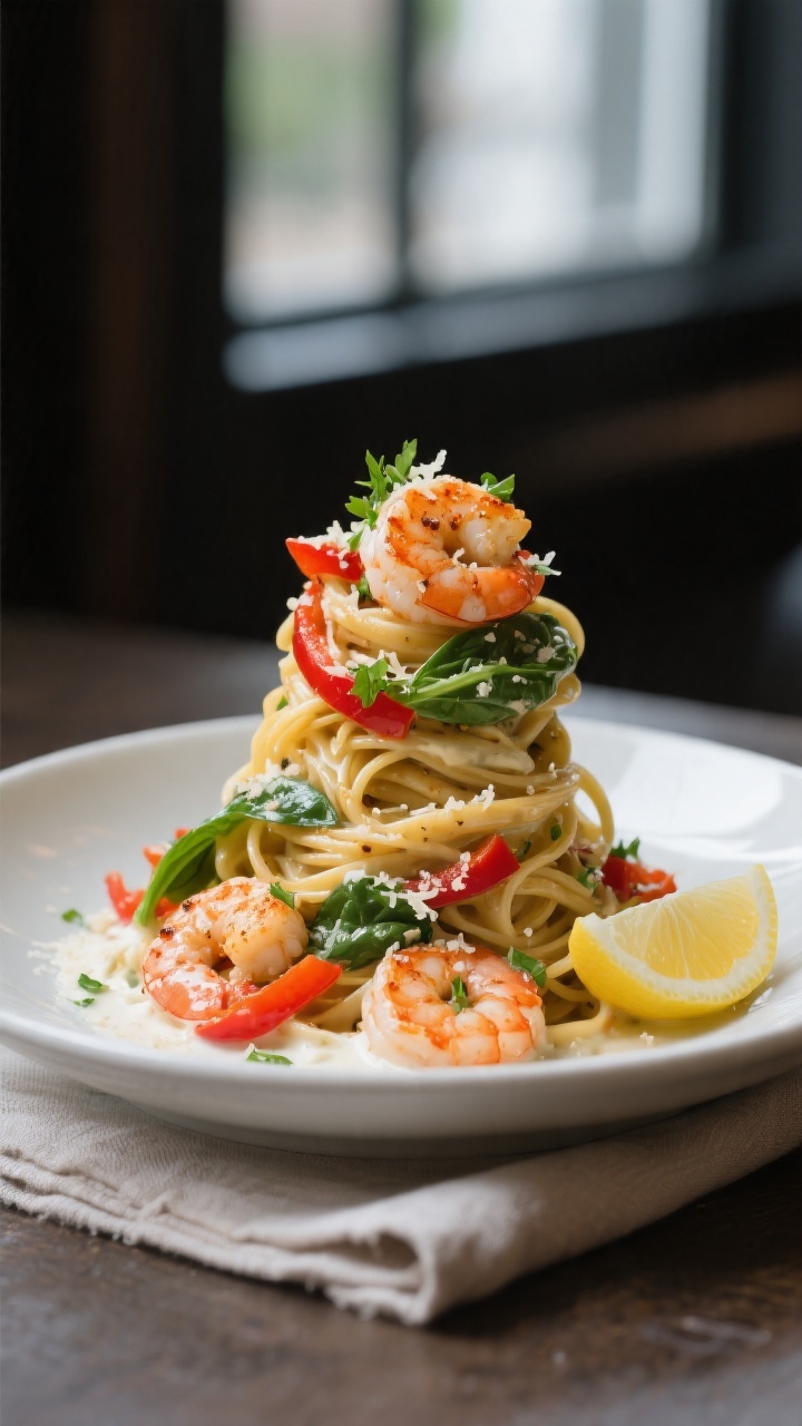 Final plated dish beauty: Healthy Cajun shrimp Alfredo pasta twirled into a tall nest of whole-wheat