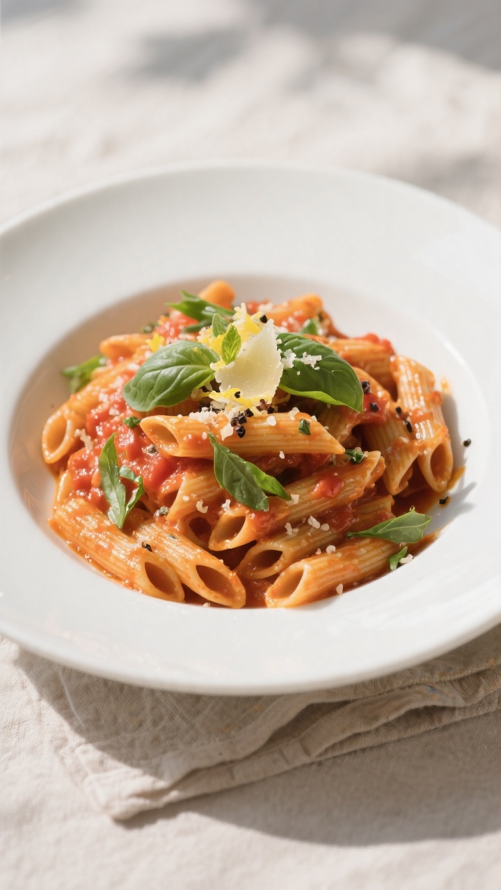 Final plated dish beauty: Healthy Creamy Tomato Basil Pasta (whole-wheat penne) twirled into a neat 