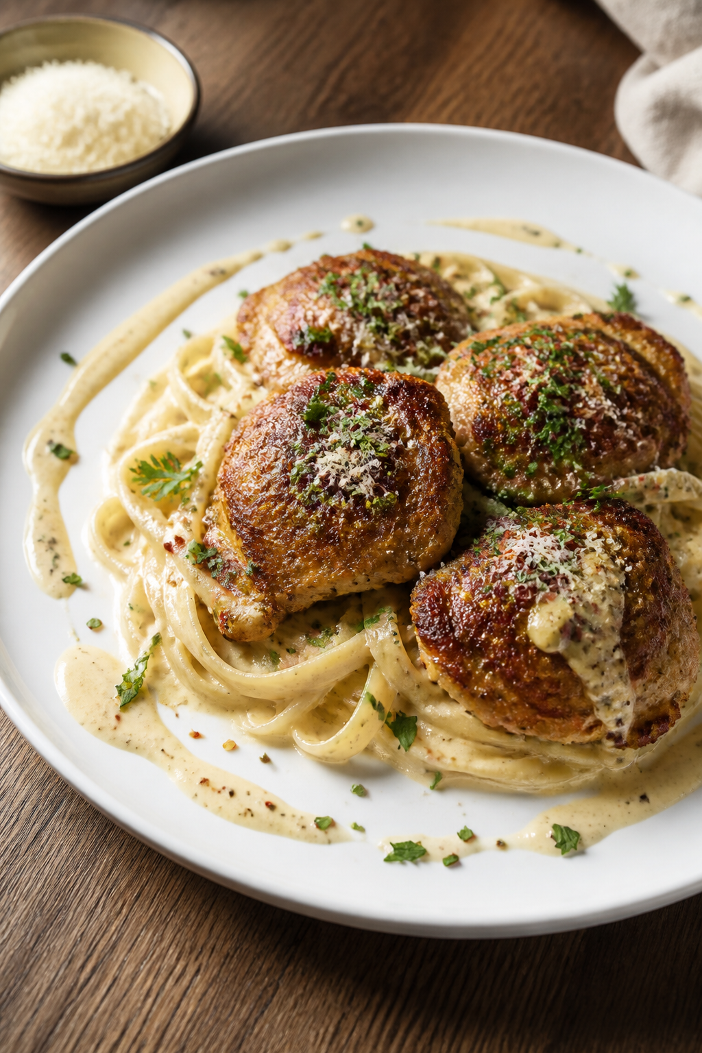 Final plated dish beauty: Restaurant-quality plate of chicken thighs with garlic cream sauce served 