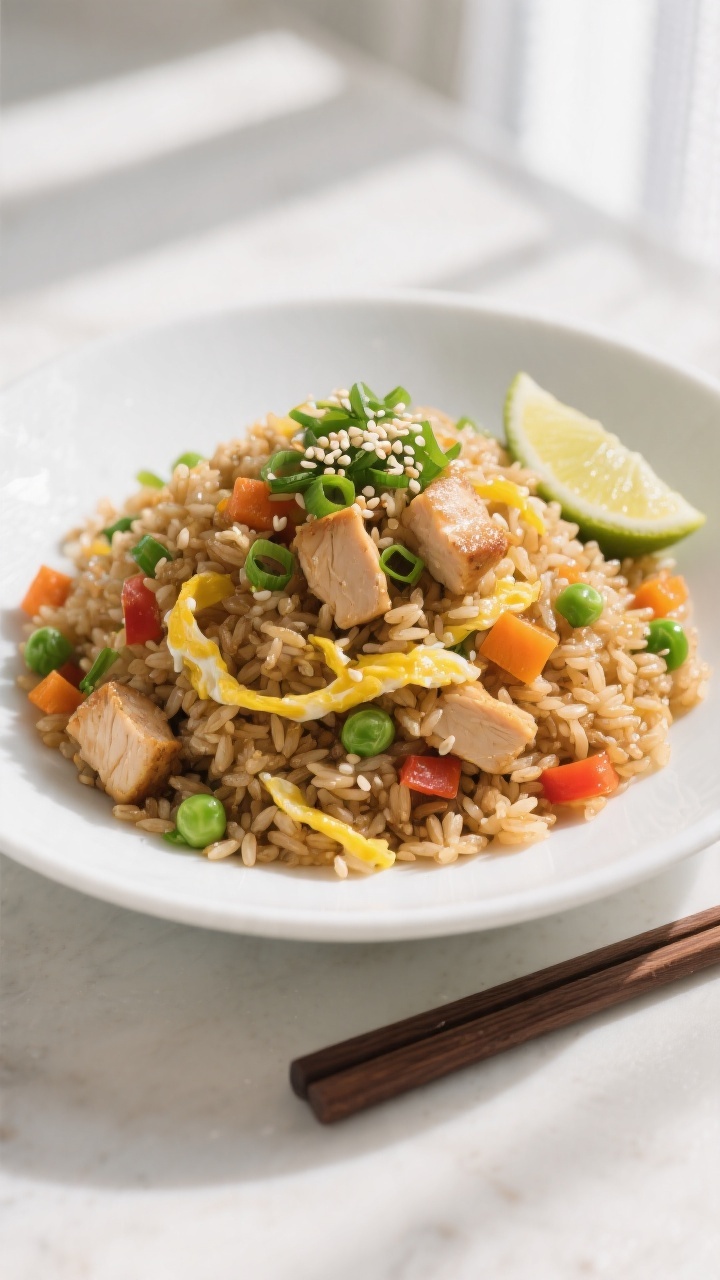 Final plated dish beauty: Restaurant-quality plating of Healthy Chicken Fried Rice in a wide, shallo