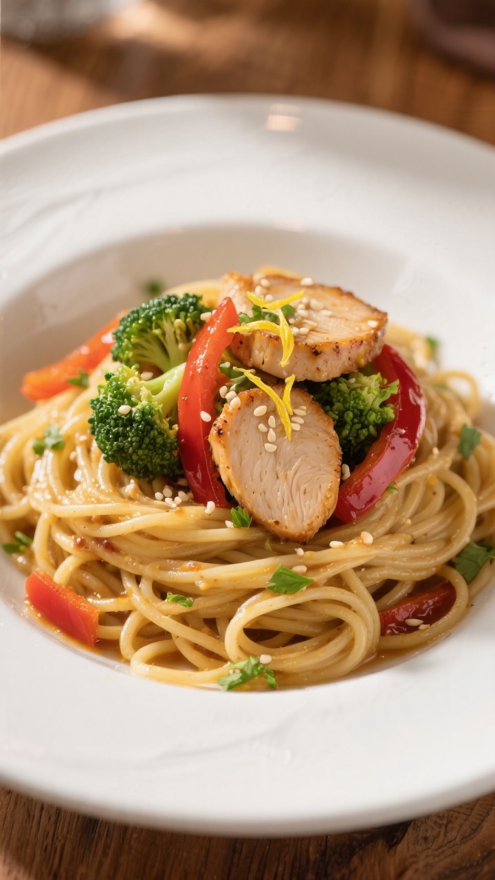 Final plated dish beauty: Restaurant-quality presentation of Healthy Honey Garlic Chicken Pasta twir