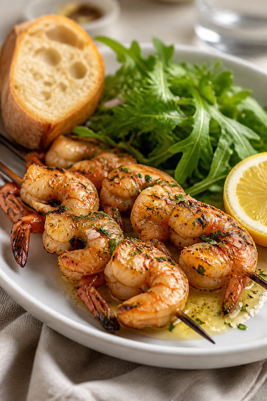 Final plated dish beauty: Restaurant-quality presentation of BBQ shrimp skewers on a white oval plat