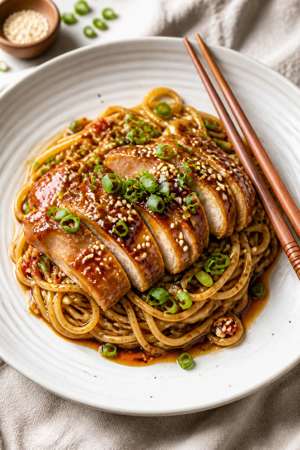 Final plated dish beauty: Sesame Teriyaki Chicken Spaghetti twirled into a neat nest on a wide white