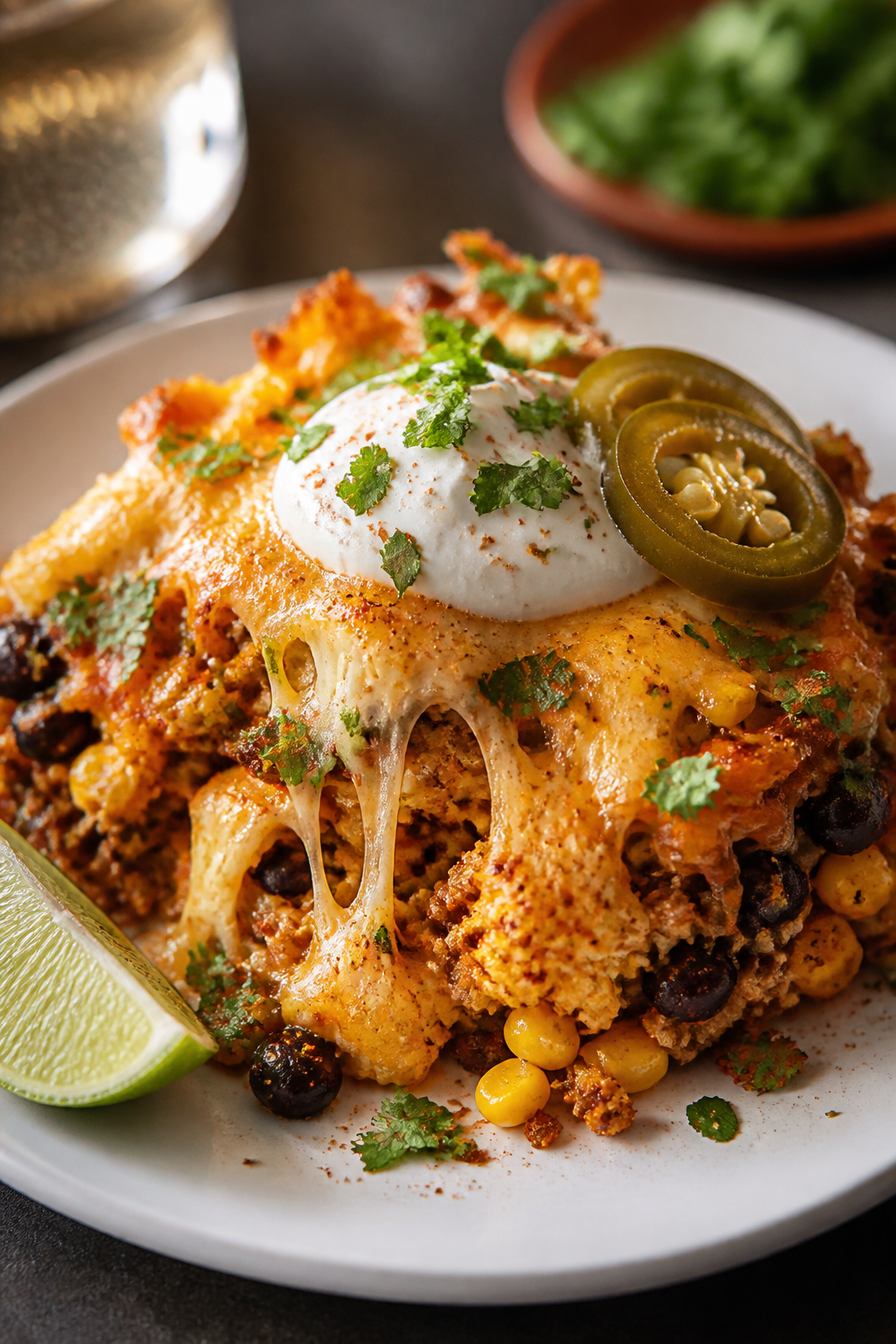 Final plated dish beauty shot: a generous scoop of Loaded Cauliflower Nacho Bake served on a matte w