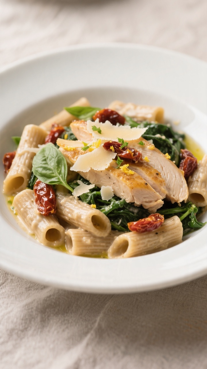 Final plated dish, beauty shot: Beautifully plated Healthy Marry Me Chicken Pasta—al dente whole-w