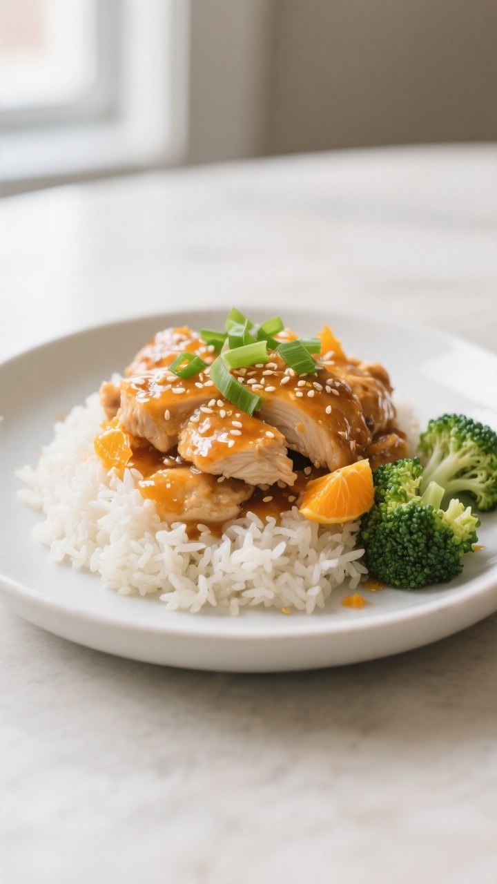 Final plated dish beauty shot: Healthy Orange Chicken piled over fluffy jasmine rice on a matte whit