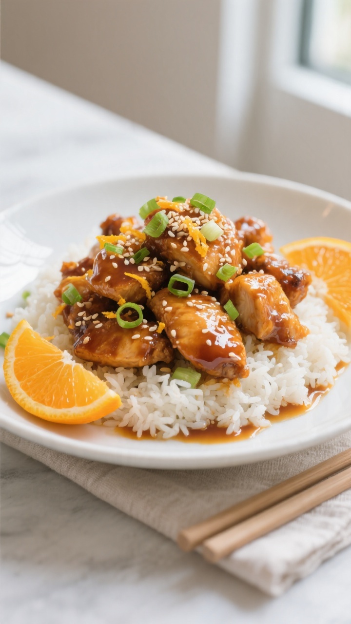Final plated dish, beauty shot: Restaurant-quality orange chicken piled high over fluffy jasmine ric