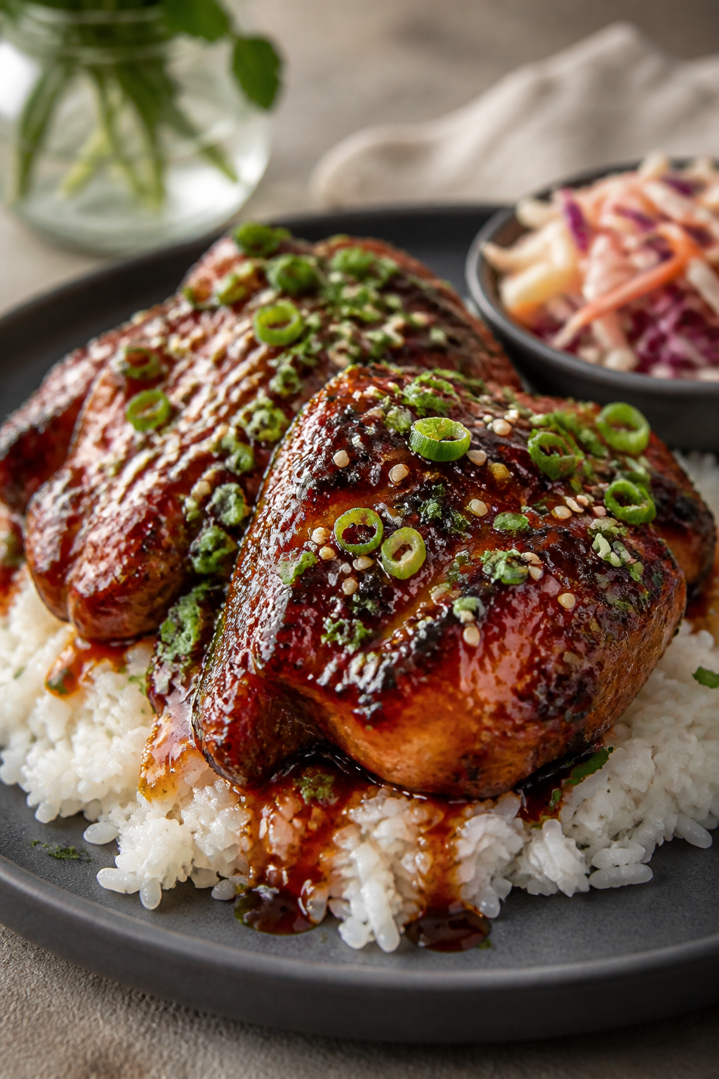 Final plated dish beauty shot: Whole BBQ chicken thighs glazed and lacquered, arranged over fluffy w