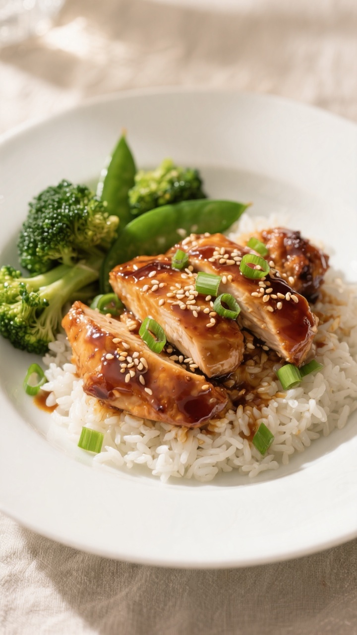 Final plated dish beauty: Sticky Honey Soy Chicken piled over fluffy jasmine rice, lacquered glaze c