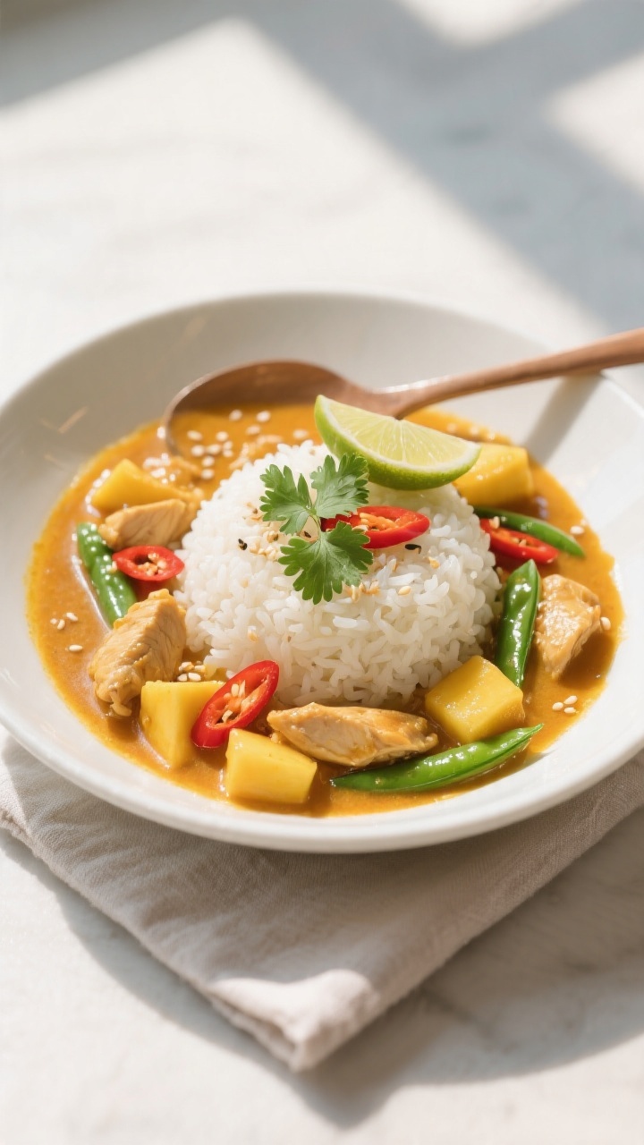 Final plated dish beauty: Thai Mango Chicken Curry spooned over a neat mound of steamed jasmine rice