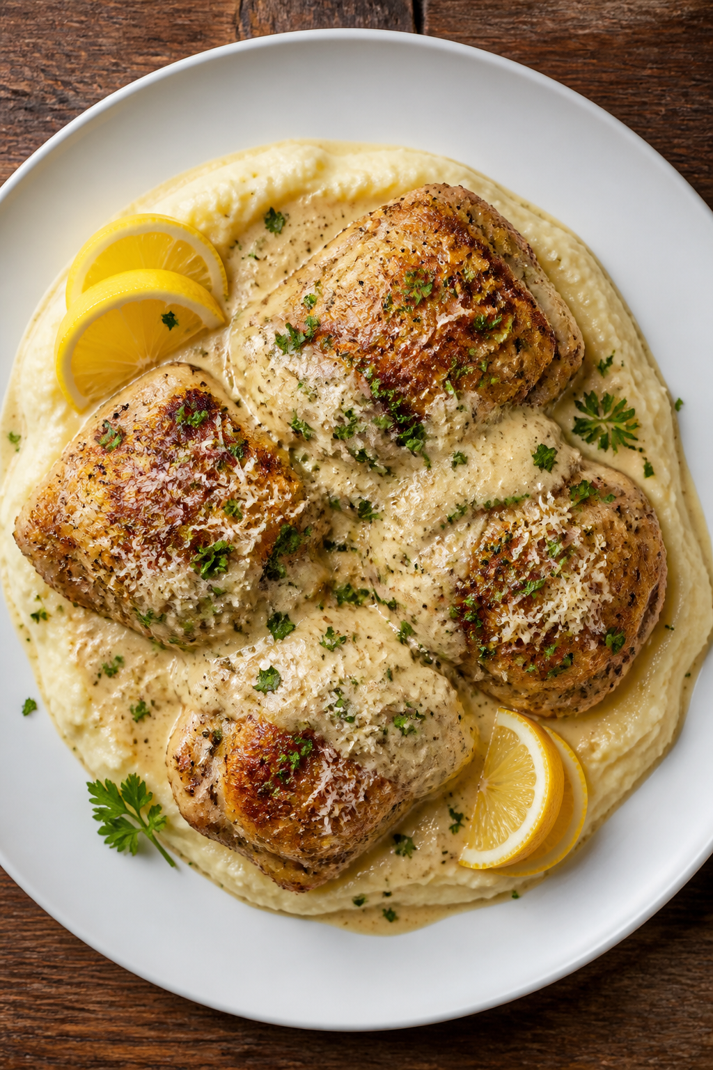 Final plated dish: Chicken Thighs in Creamy Parmesan Garlic Sauce, served over buttery mashed potato