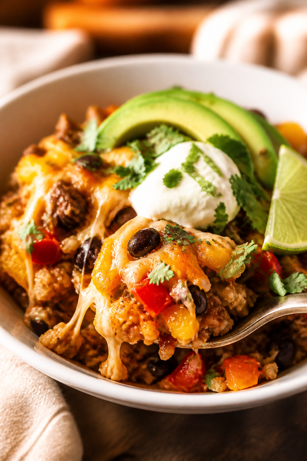 Final plated dish, close-up detail: A generous scoop of the casserole served in a wide, shallow whit