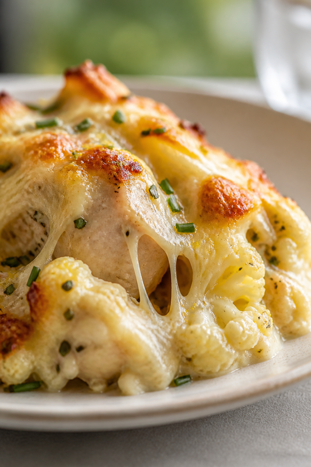 Final plated dish, close-up detail: A generous scoop of the creamy cauliflower chicken bake served o