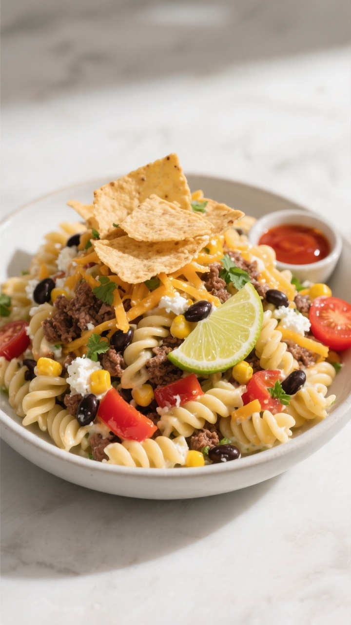 Final plated dish — Cottage Cheese Taco Pasta Salad with crunchy finish: Beauty plate of the finis