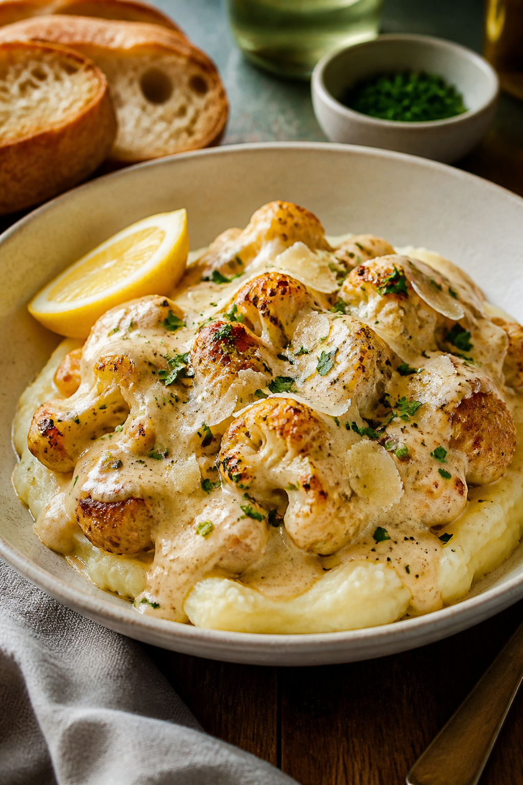 Final plated dish, cozy presentation: Creamy Smothered Cauliflower and Chicken spooned over buttery 