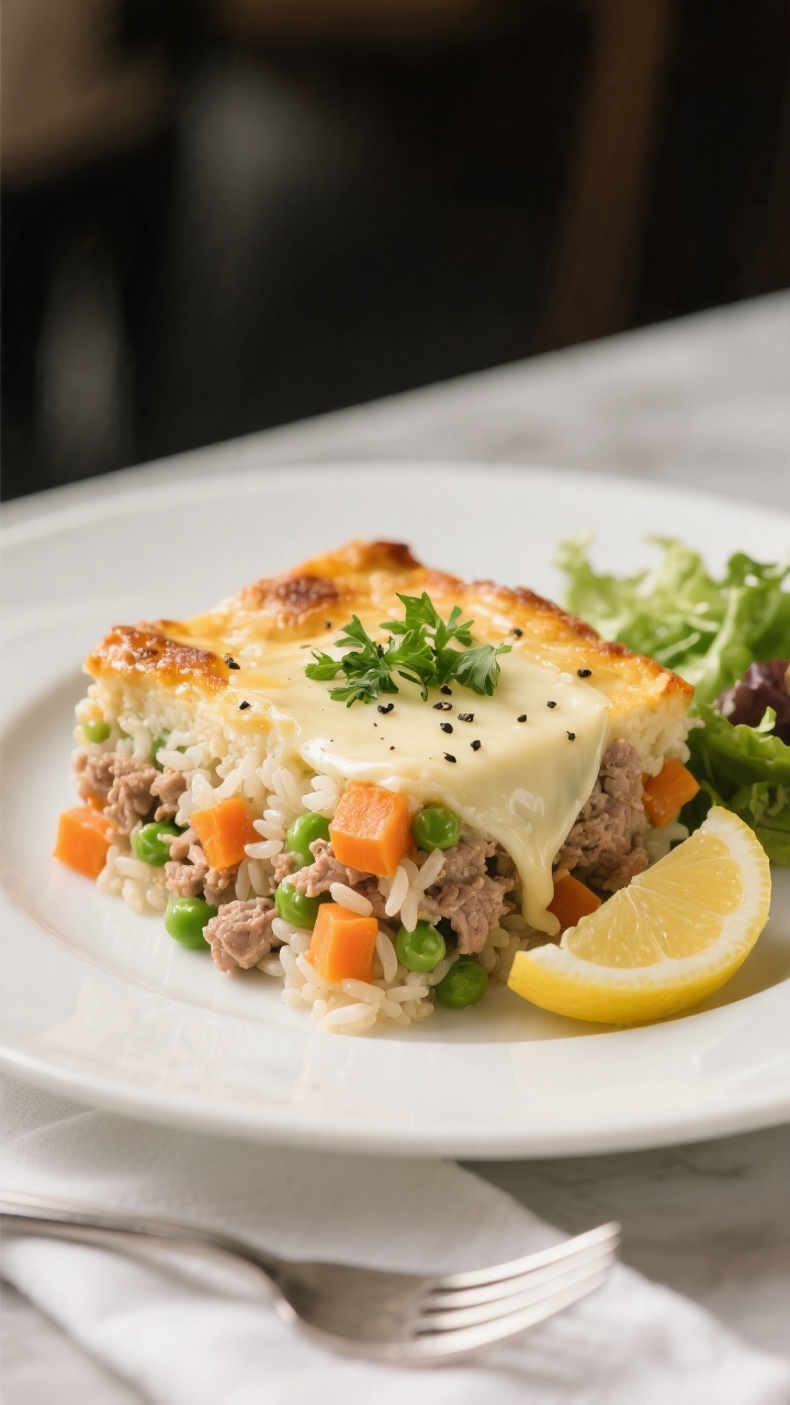 Final plated dish — cozy serving with garnish: Restaurant-quality plate-up of a neat square slice 
