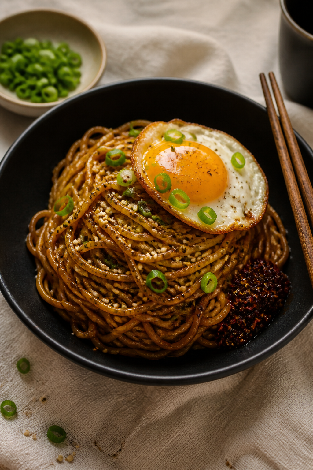 Final plated dish, : Garlic Butter Soy Sauce Noodles twirled into a tall, elegant nest in a matte bl