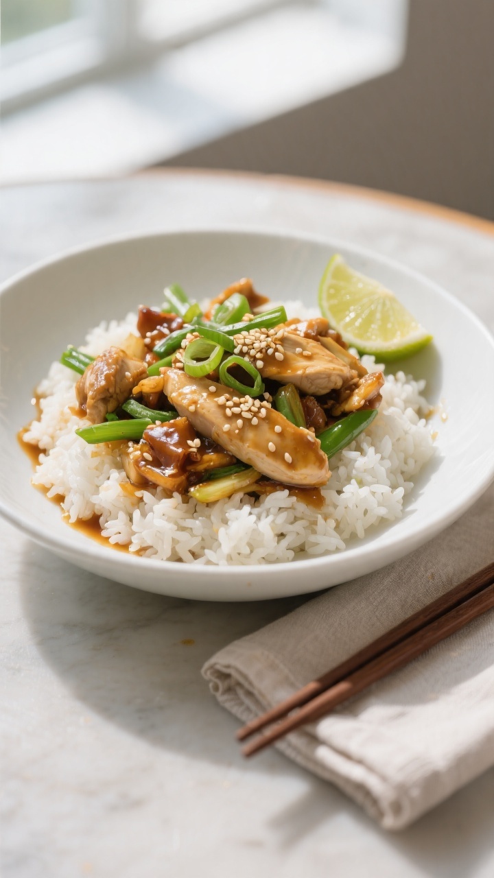 Final plated dish: Garlic Ginger Chicken Stir Fry served over fluffy jasmine rice in a wide, low whi