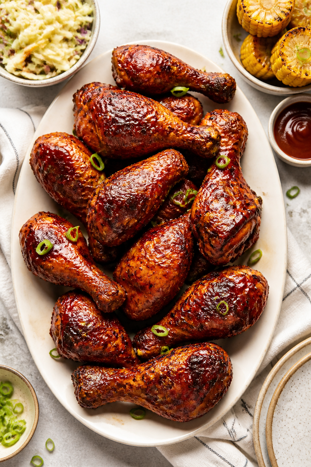 Final plated dish, overhead: A generous platter of Brown Sugar BBQ Drumsticks arranged in a spiral o